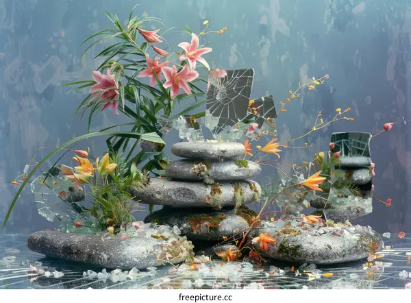 Still life with flowers and broken glass