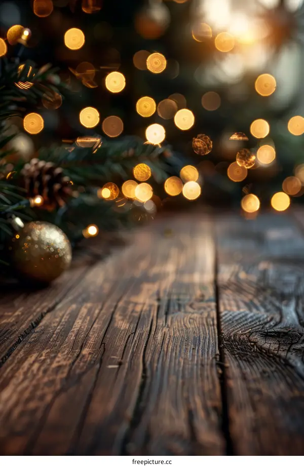 Blurred Christmas Lights Background with Wooden Table