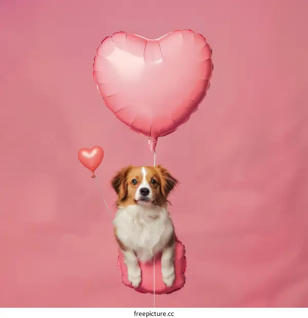 A cute brown and white dog is sitting in a pink balloon.
