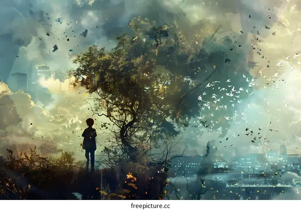 Silhouette of a Young Boy Standing in Front of a Large Tree and Cityscape