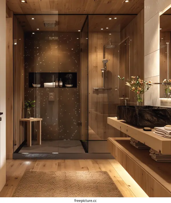 Modern Bathroom With Wooden Walls And Glass Shower