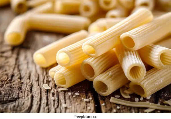 Close-up of uncooked pasta on wooden table
