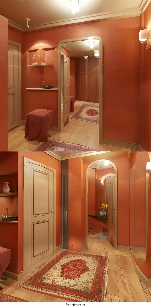 Modern Interior Design with Red Walls and Wooden Floors