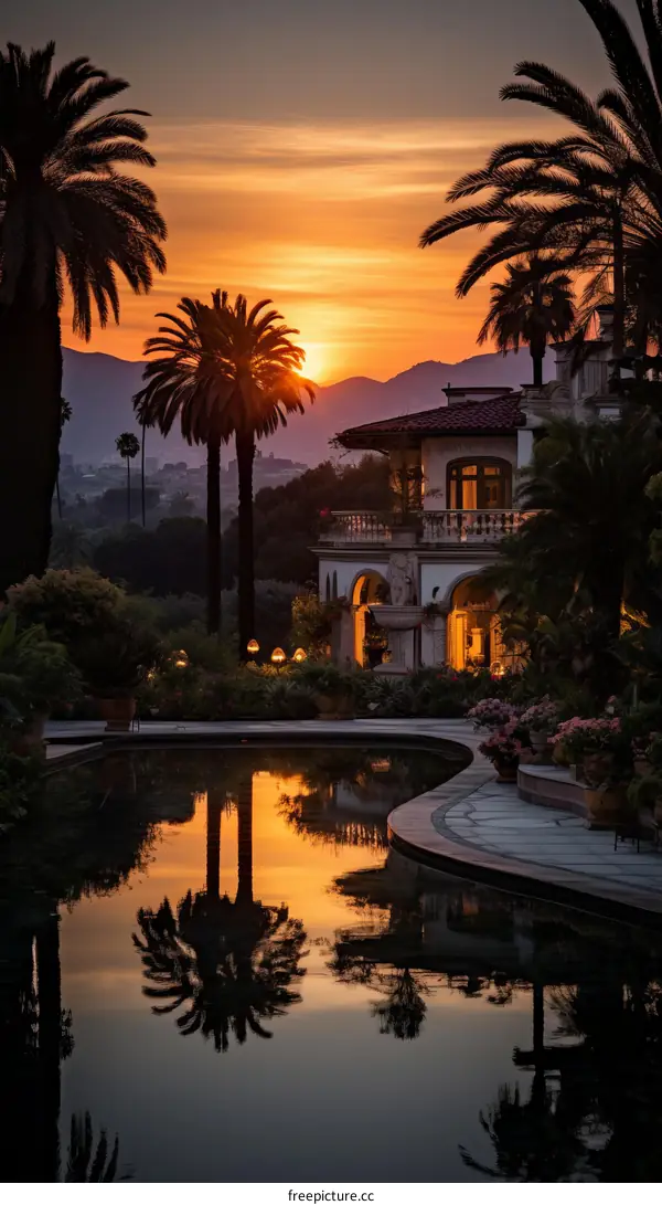 Luxury Mansion at Sunset with Palm Trees and Pool