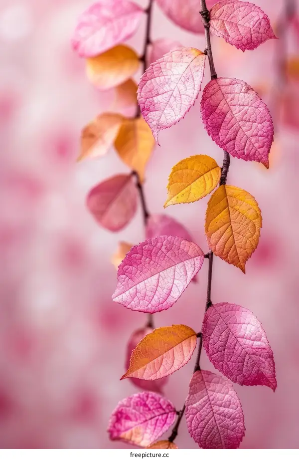Close-up of pink and orange autumn leaves