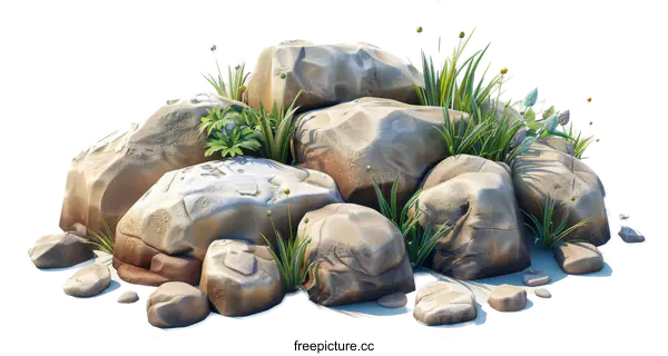 [Transparent Background PNG]3D rendering of a pile of rocks with grass and flowers growing on it