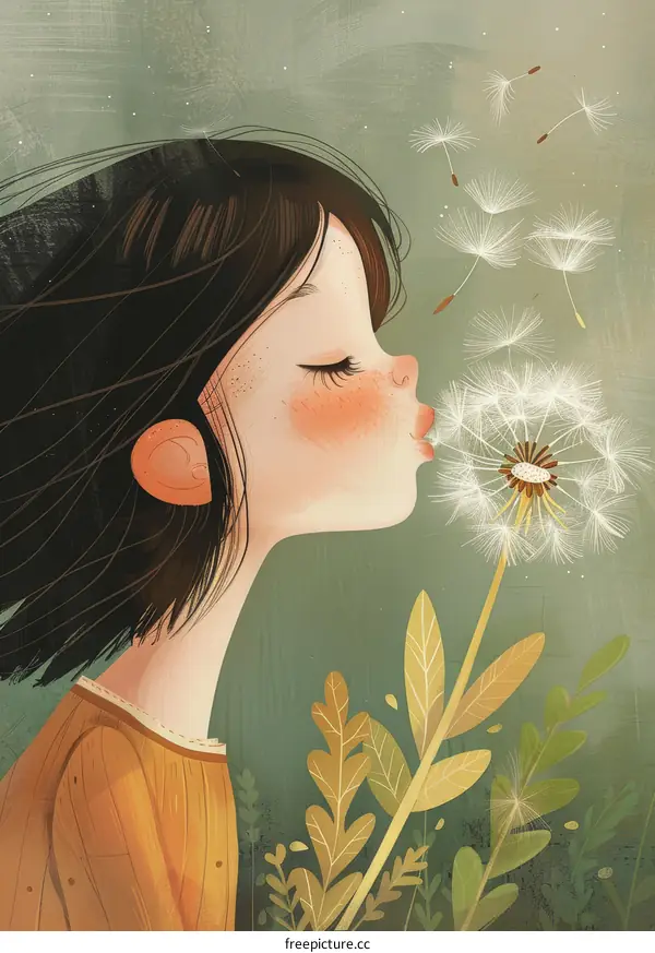 Little Girl Blowing Dandelion Seeds in a Meadow