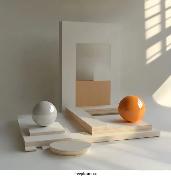 Abstract Minimalist Geometric Shapes on Wooden Platforms With Light And Shadow