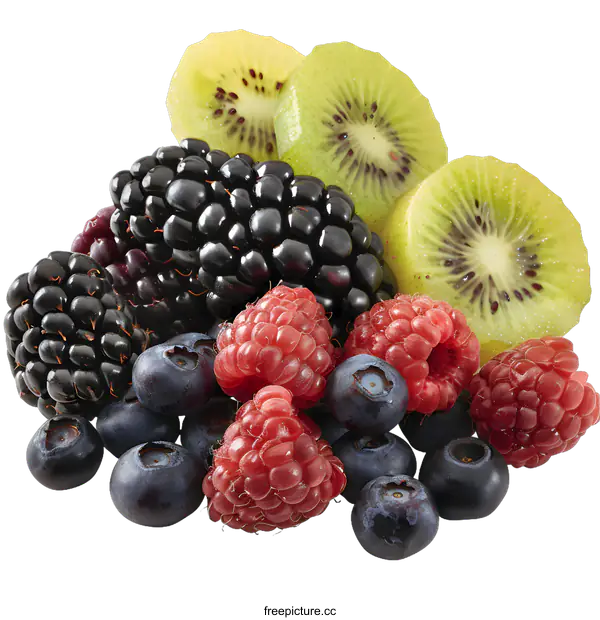 [Transparent Background PNG]Fresh Ripe Blackberries Raspberries Blueberries and Kiwi Slices