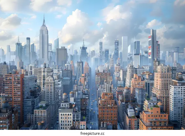 New York City skyline illustration with skyscrapers and blue sky