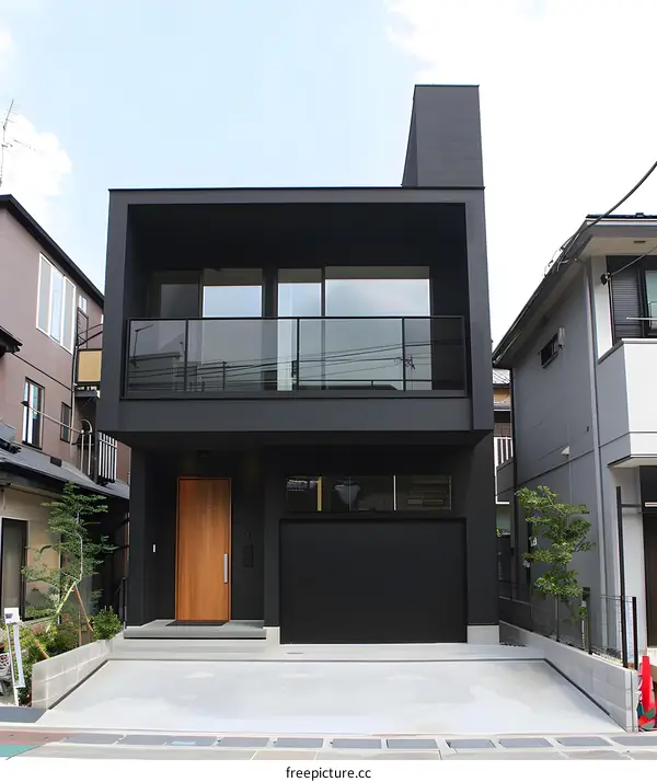 Modern Black House Exterior With Wooden Door