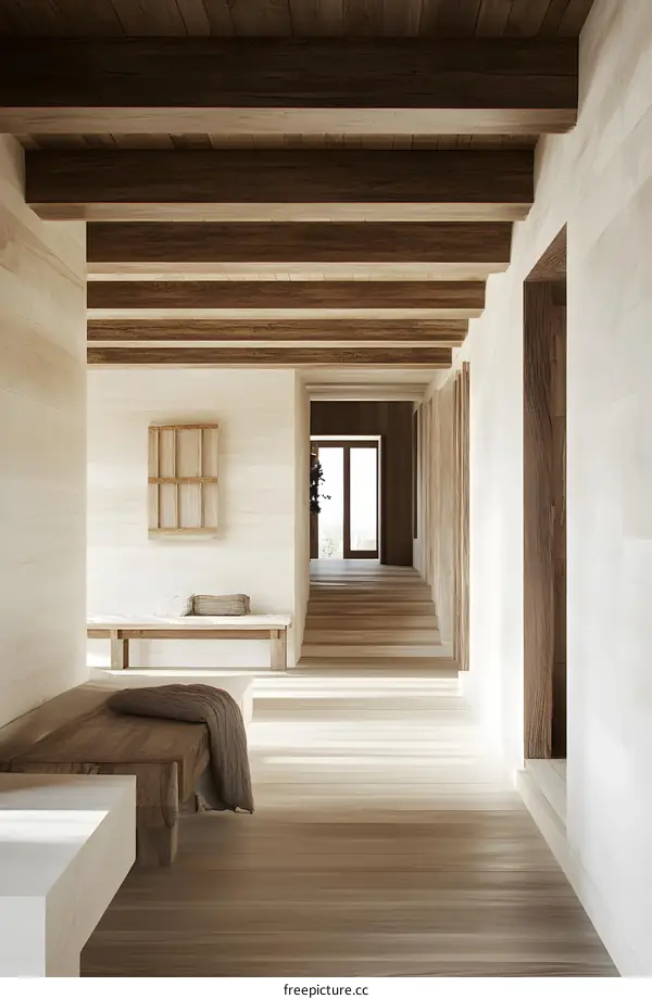Minimalist Interior Design With Wooden Beams And White Walls