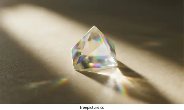 Prism Refracting Sunlight into Spectrum Colors on Surface