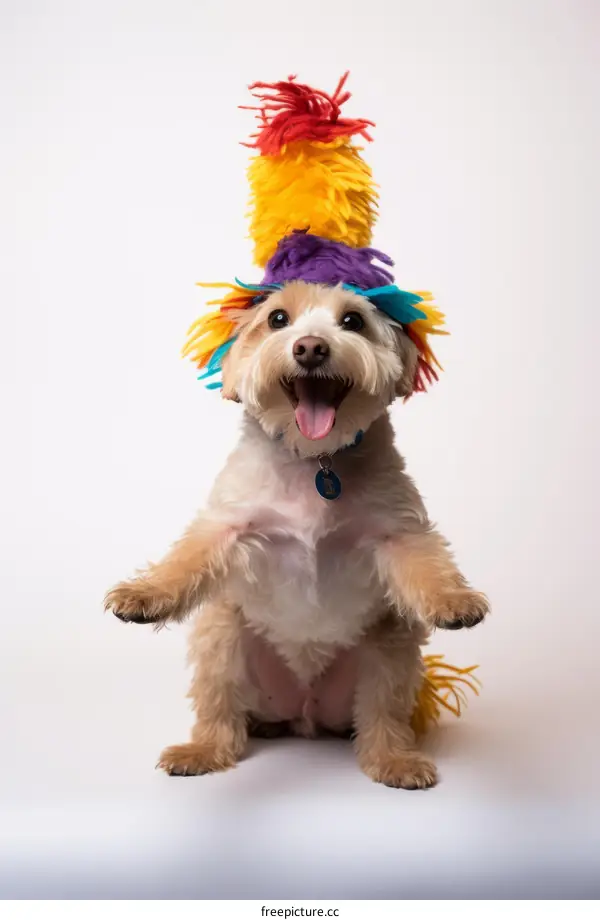 A happy dog wearing a colorful hat