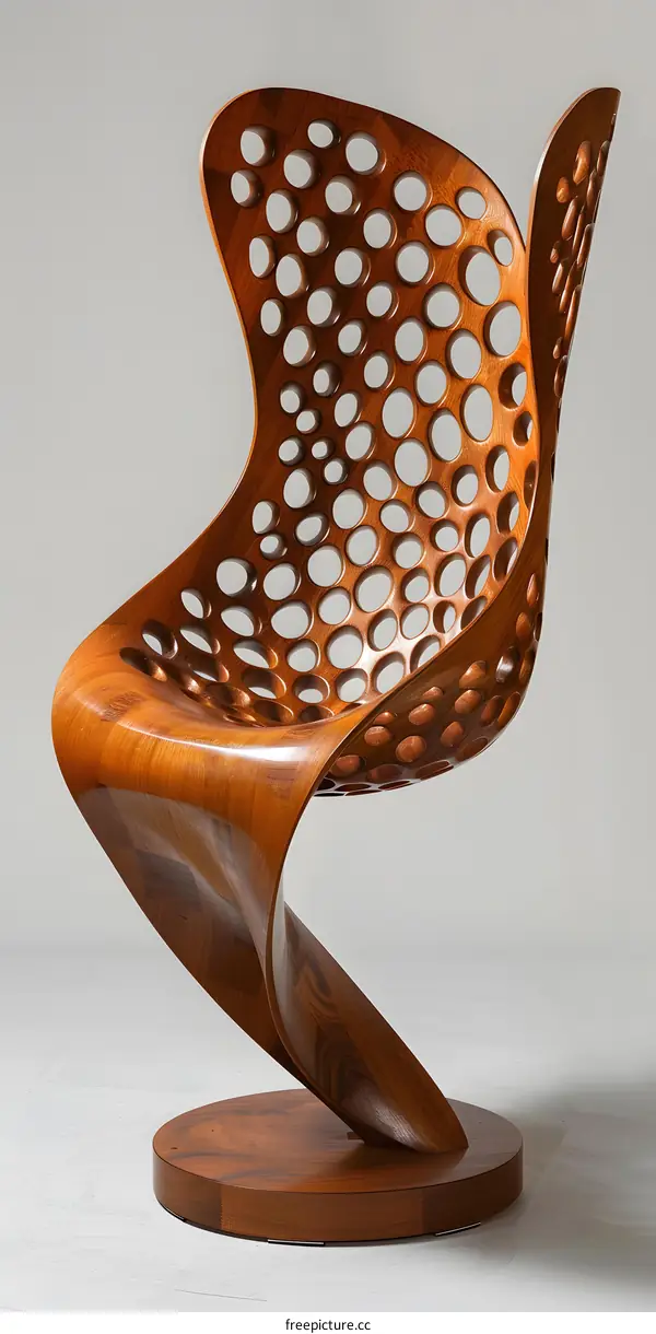 A wooden chair with a unique design