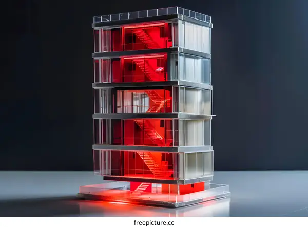 Red Light Illuminated Glass Building Model