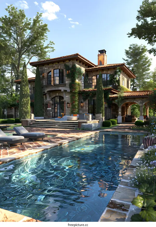 An illustration of a large luxury house with a pool