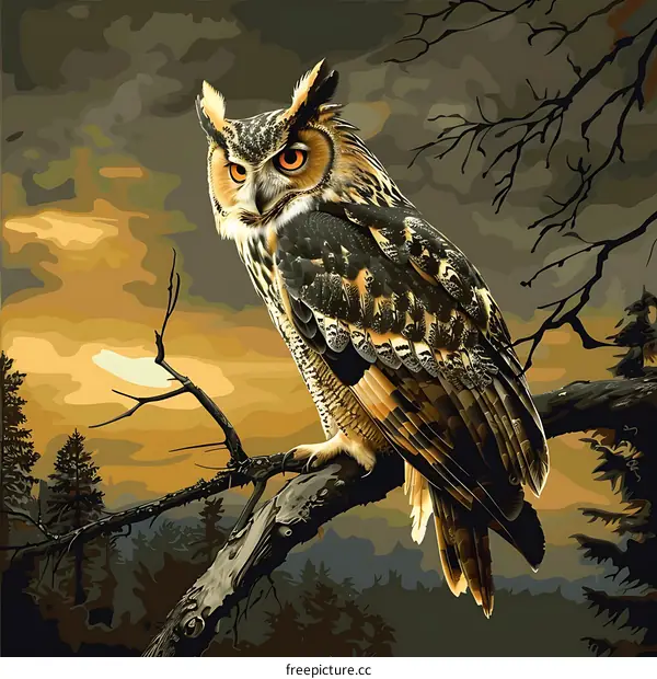 Owl on Branch with Sunset Background