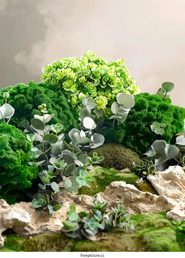 Green Moss And Succulents On Rocks Nature Background