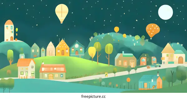 Nighttime Village with Hot Air Balloons Illustration