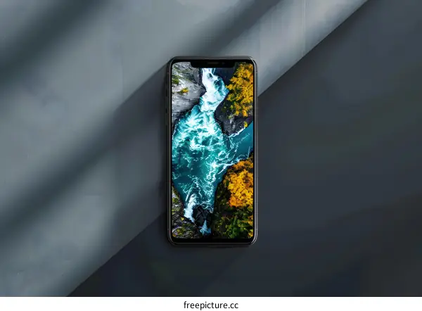 Black Smartphone With Waterfall Wallpaper On Gray Background