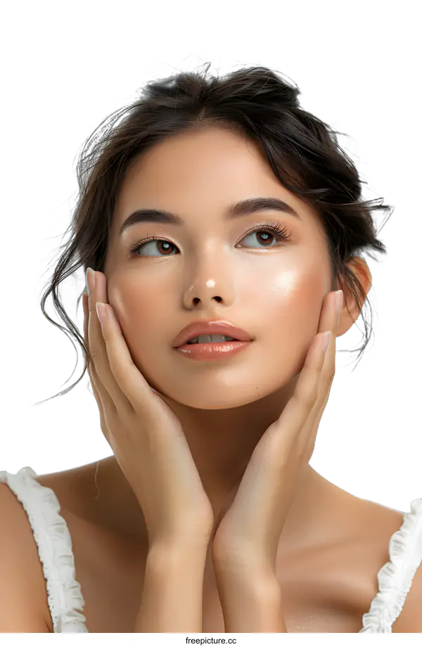 [Transparent Background PNG]Portrait of a beautiful young woman with brown hair and brown eyes. She is wearing a white dress and has her hands on her face.
