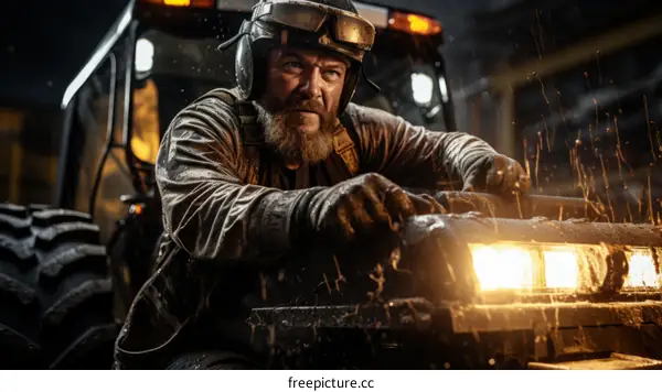 A male farmer is working on a tractor in a field at night