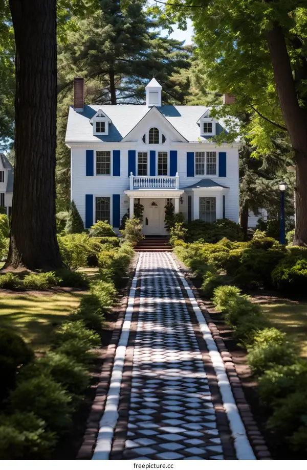 Colonial Home with Blue Shutters and Lush Greenery