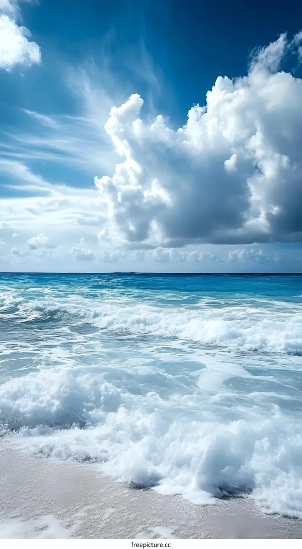 Beautiful Ocean Waves Crashing on Sandy Beach under Blue Sky