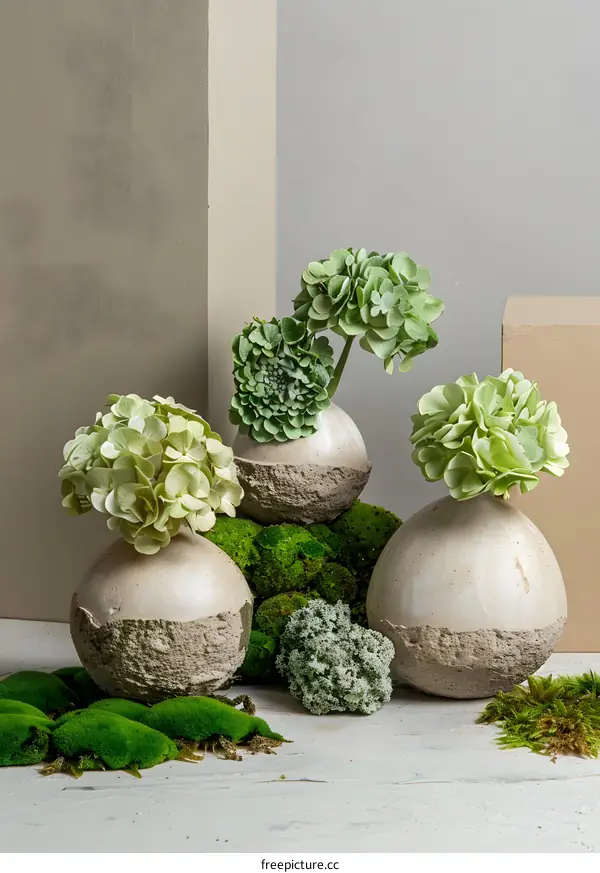 Green Flowers in Concrete Vases with Moss and a Minimalist Background