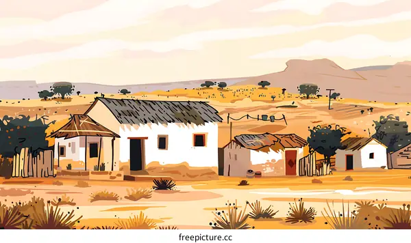 Hand Drawn Illustration of Rural Houses in Desert Landscape