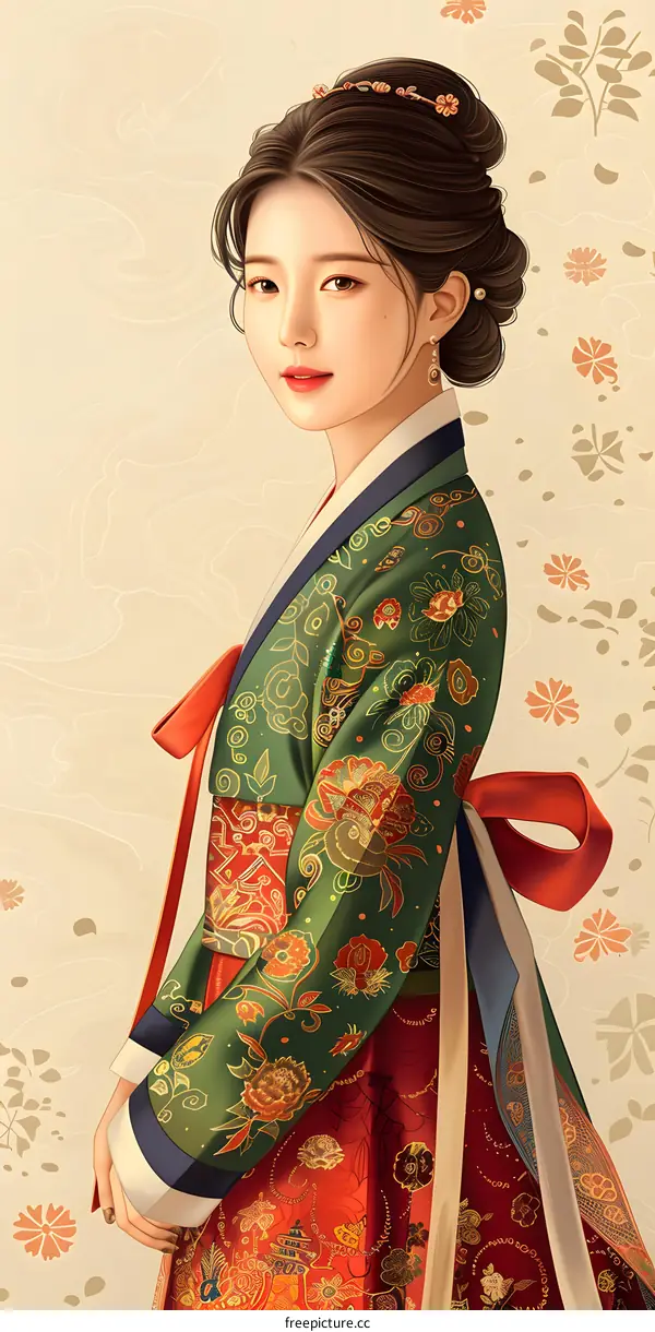 Illustration of a Korean woman in traditional Korean clothing