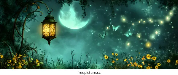 Magical Forest Night With Lanterns And Butterflies