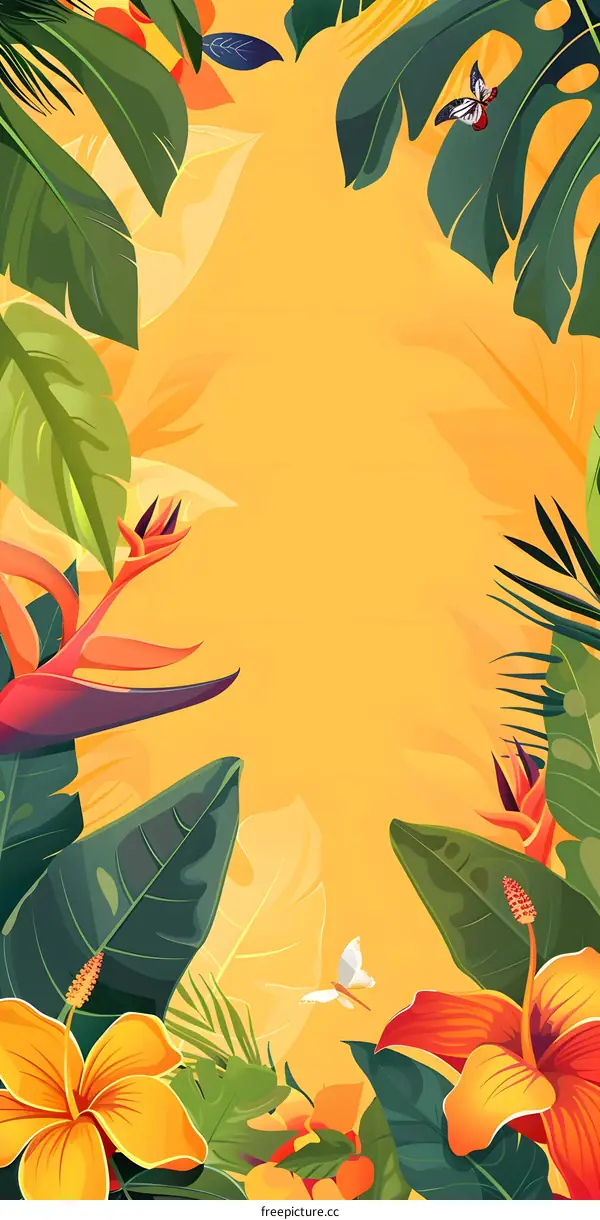 Tropical Leaves and Flowers with Butterflies Illustration