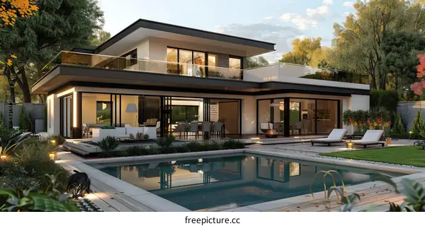 Modern House with Swimming Pool and Lush Greenery
