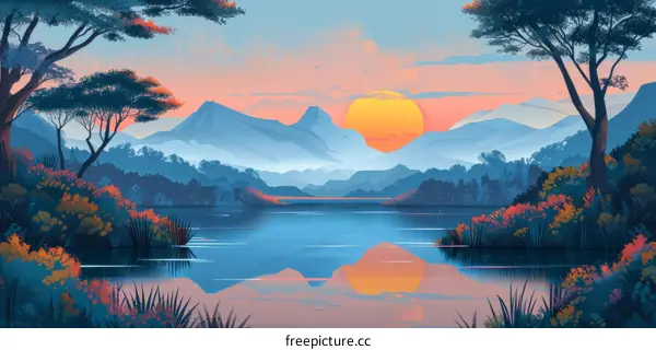 Tranquil African Sunset Landscape with Mountains and Lake