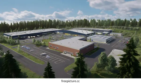 Aerial View of Modern Industrial Complex with Parking Lot and Surrounding Trees
