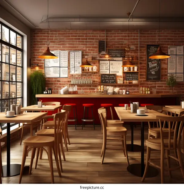 Cozy Coffee Shop Interior with Brick Walls and Wooden Furniture