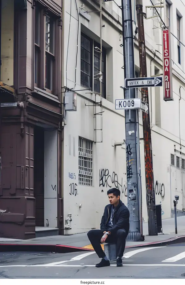 Man Sitting On A Curb In The City