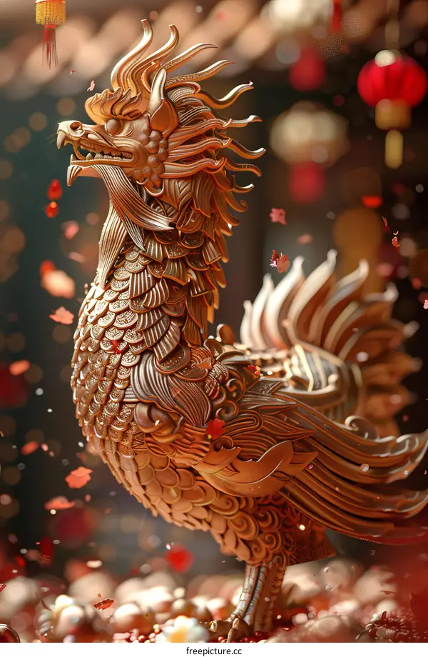 Golden Phoenix Statue with Red Lanterns for Chinese New Year