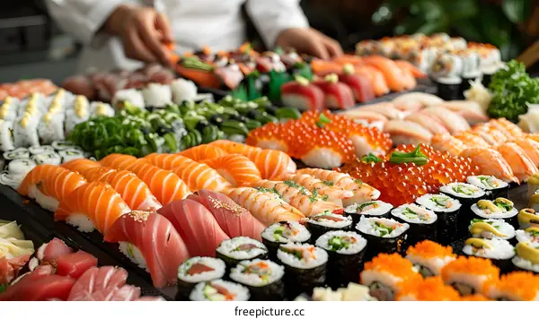 A variety of sushi and sashimi on display at a restaurant