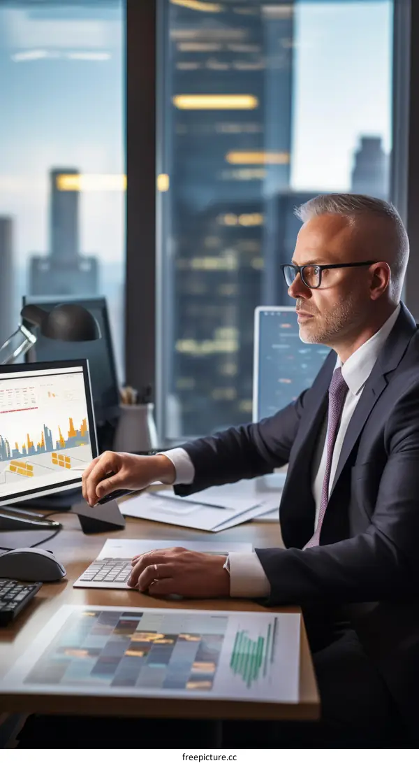 Focused Businessman Working on Computer with Big Data Analysis Software on Screen in Corporate Office