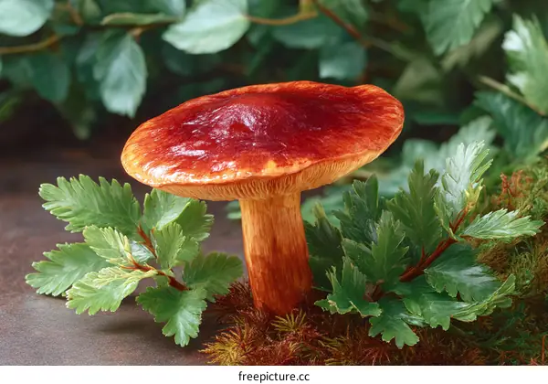 Close-up of a vibrant red-orange mushroom amidst lush greenery