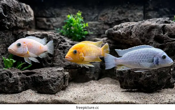 Colorful Aquarium Fish in a Stone Decorated Tank