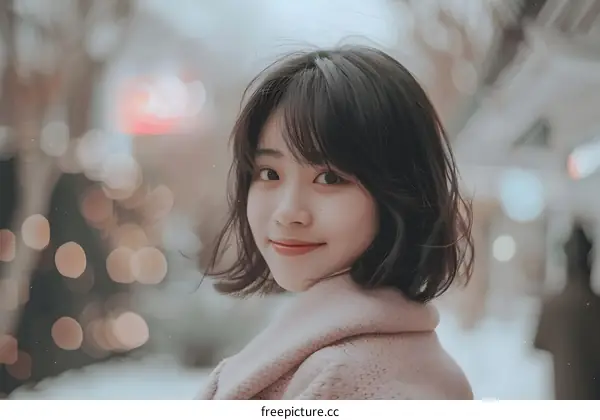 Smiling Asian Woman in a Pink Coat