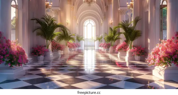 Elegant Palace Corridor with Blooming Flowers