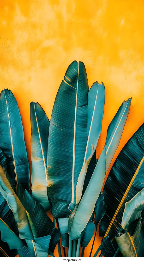 Tropical Leaves Against a Vibrant Yellow Wall