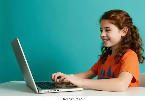 Young girl using laptop for online learning and digital activities