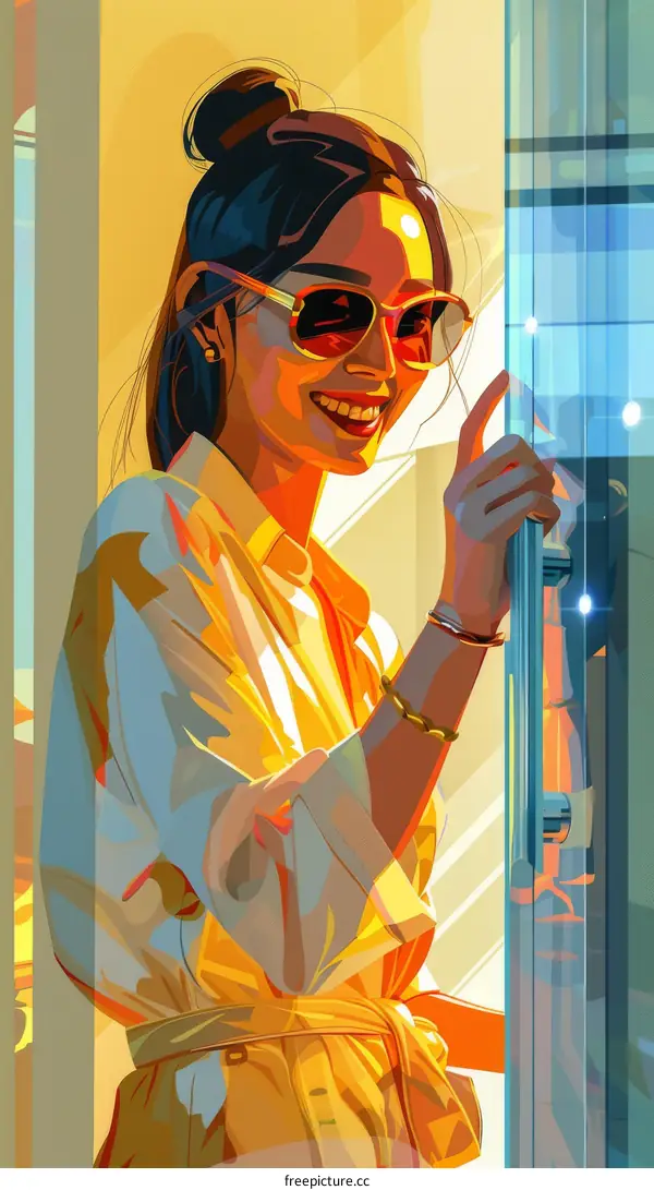 Illustration of a smiling woman opening a door