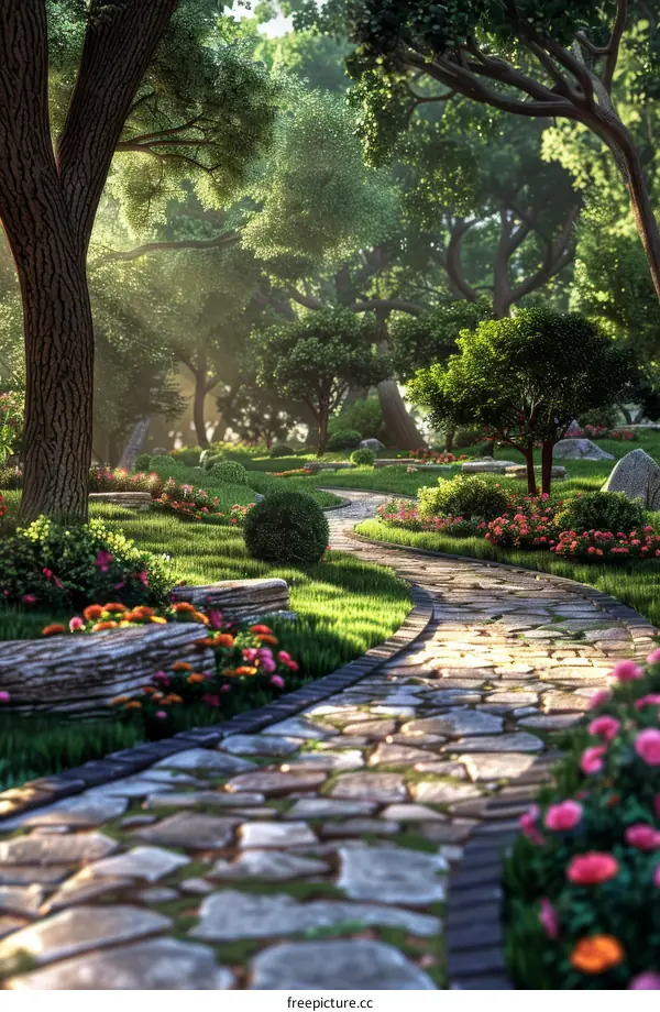 Serene Garden Path in Sunny Woods